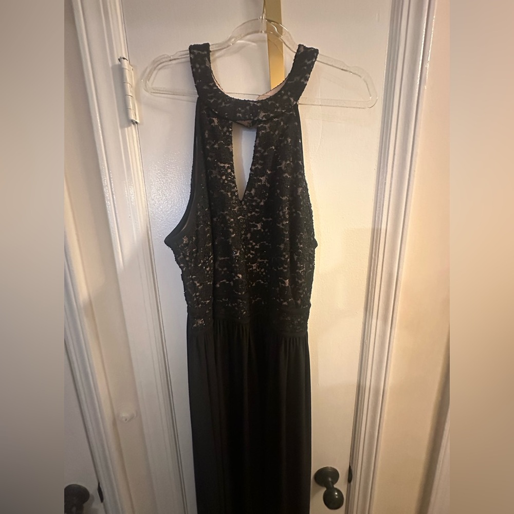 Women’s full length gown, black and tan lace